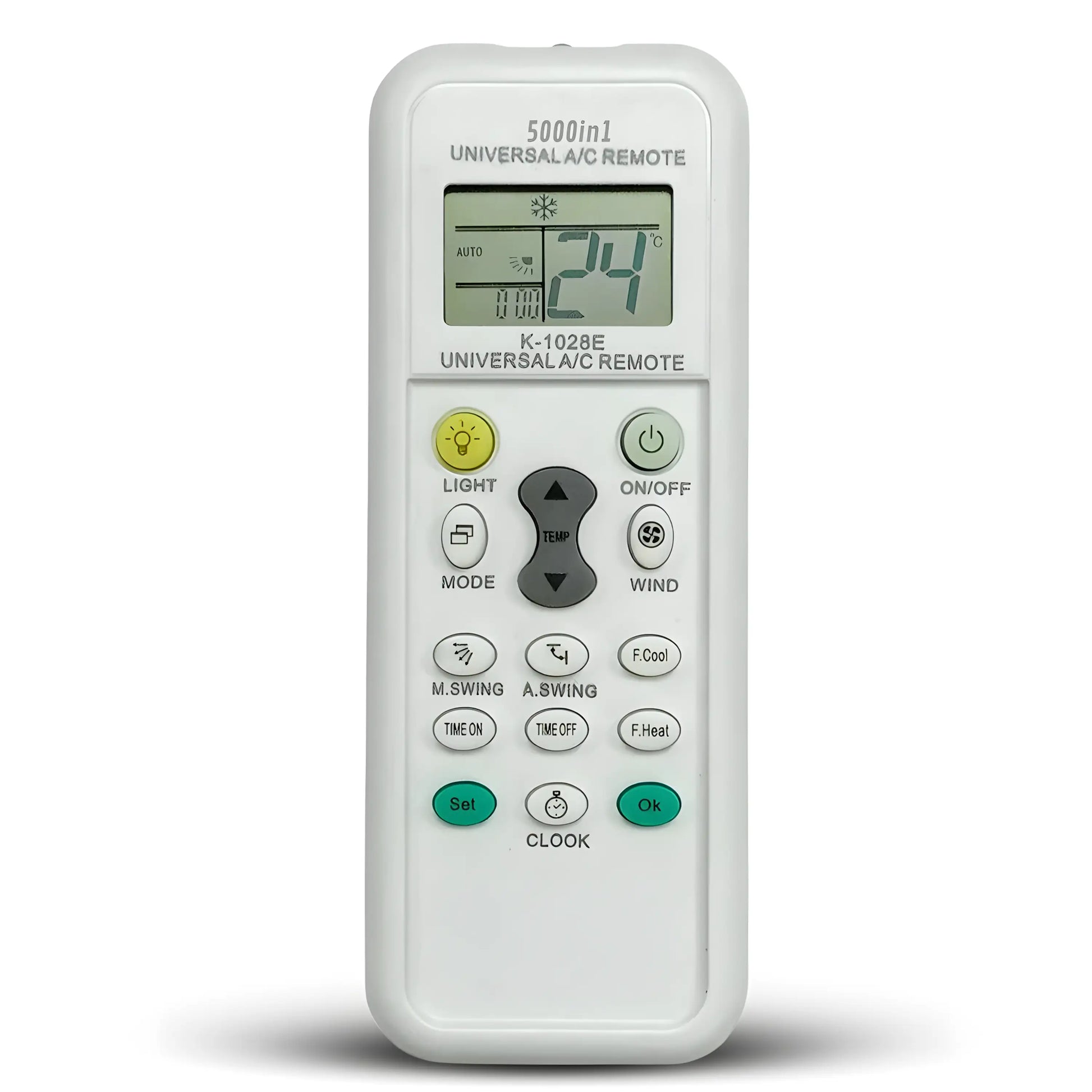 Detaillierte Vorderansicht der 5000-in-1 Universal Klimaanlagen Fernbedienung K-1028E mit LCD Display.