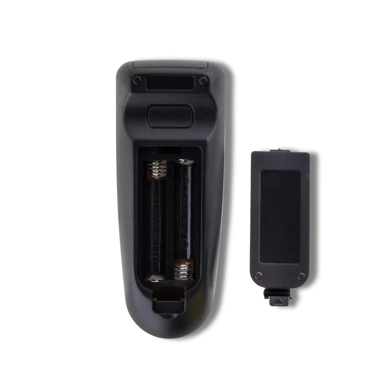 Rückseite der WD TV Live Ersatzfernbedienung mit geöffnetem Batteriefach für zwei AAA-Batterien.