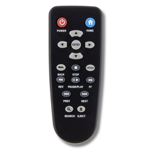  Das Tastenfeld der Ersatzfernbedienung für WD TV Live Hub, mit Home-, Power- und Navigationstasten.