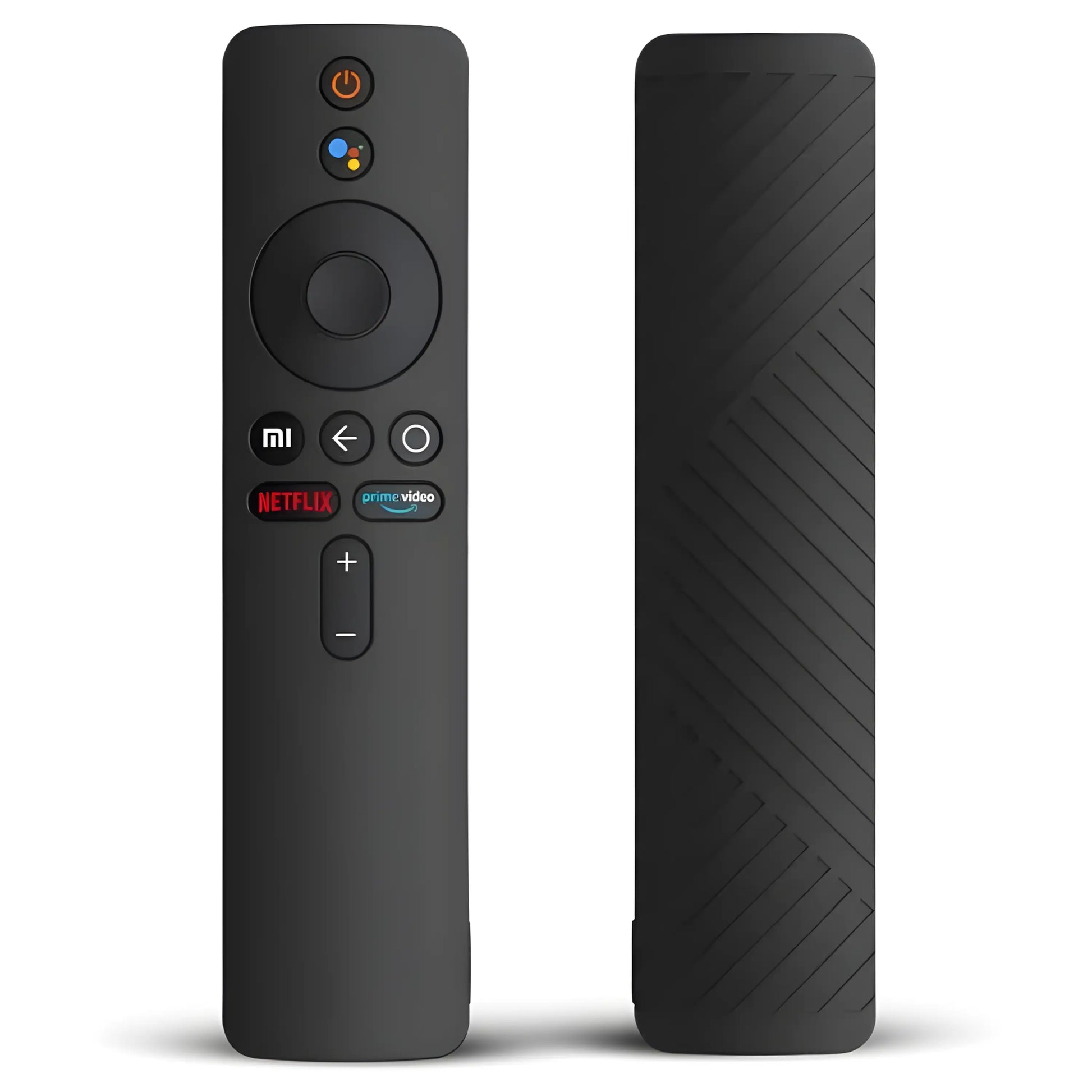 Schwarze Silikon Schutzhülle für die Xiaomi Mi TV Stick 4K Fernbedienung. Hochwertiges Silikon-Material in perspektivischer Ansicht.