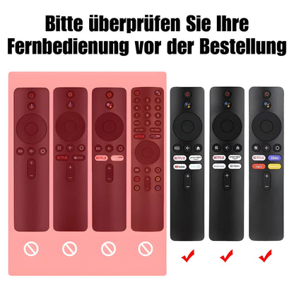 Kompatibilitäts-Check für Xiaomi Fernbedienungen. Die Infografik zeigt mit Häkchen und Kreuzen genau, welche Modelle (wie die Xiaomi TV Box S 2. Gen) mit der Silikonhülle kompatibel sind und welche nicht.