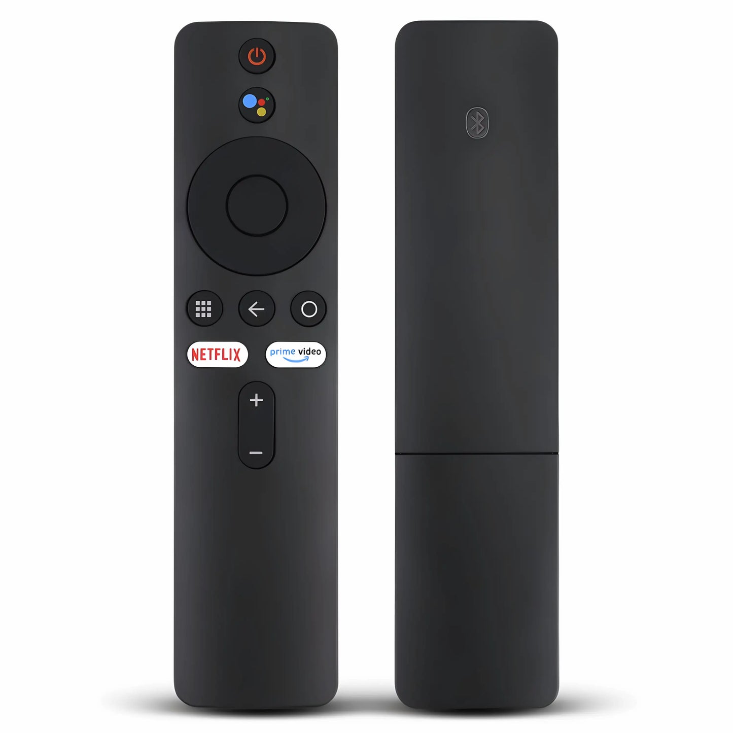 Xiaomi XMRM-006 Ersatz Fernbedienung. Zeigt Vorderseite und die geschlossene Rückseite mit Bluetooth Symbol.